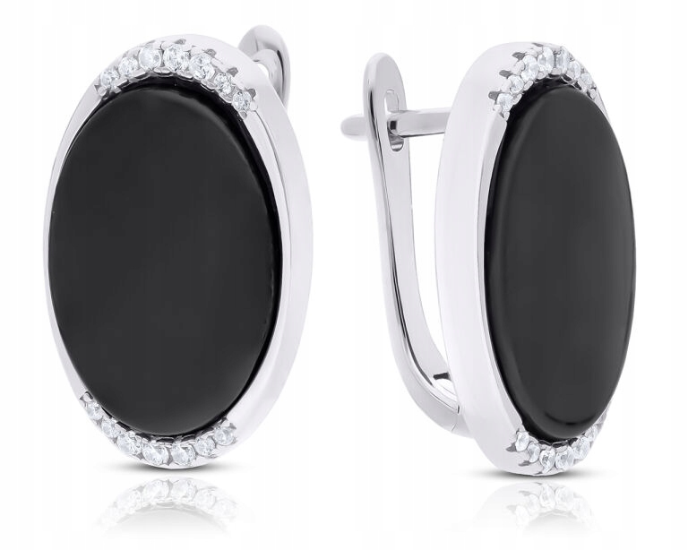 Stříbrné náušnice Dámské Keramika Černá oválná anglická 925