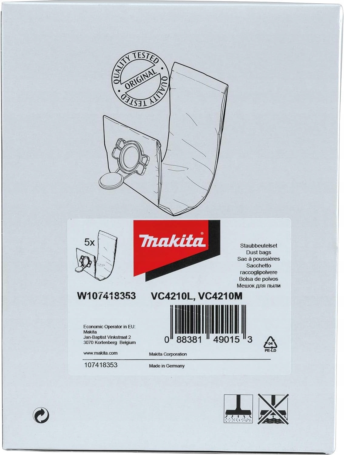 Makita Worki Flizelinowe 5 szt. W107418353 Do Odkurzacza VC4210 Oryginał