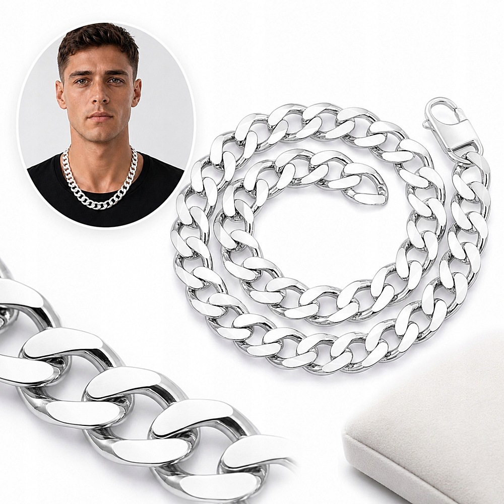 Łańcuch Męski Srebrny Pancerka Gruby Pełny Diamentowany 15 mm Grawer