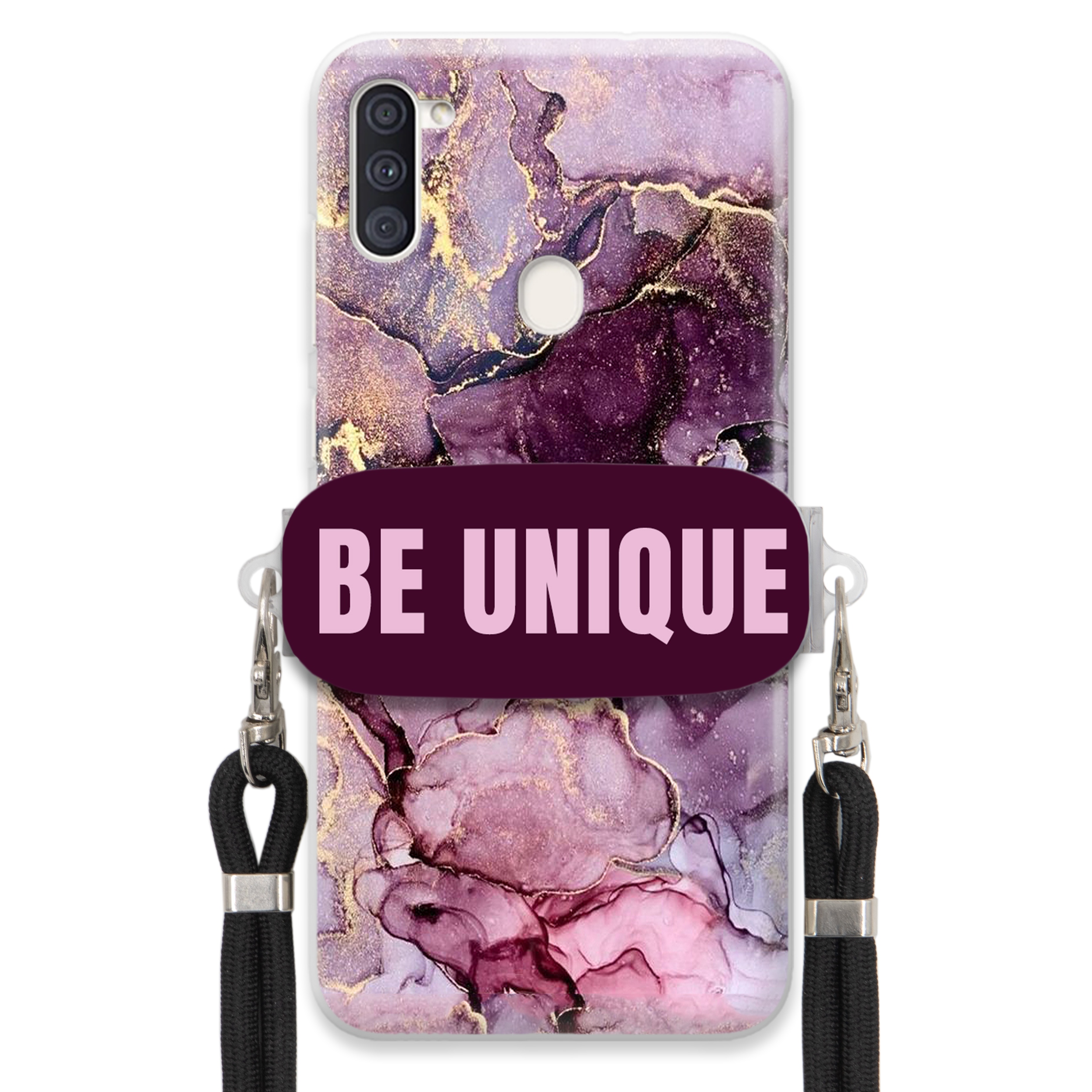 Pouzdro pro Samsung M11 Case úchytka na šňůrku, černý fialový mramor