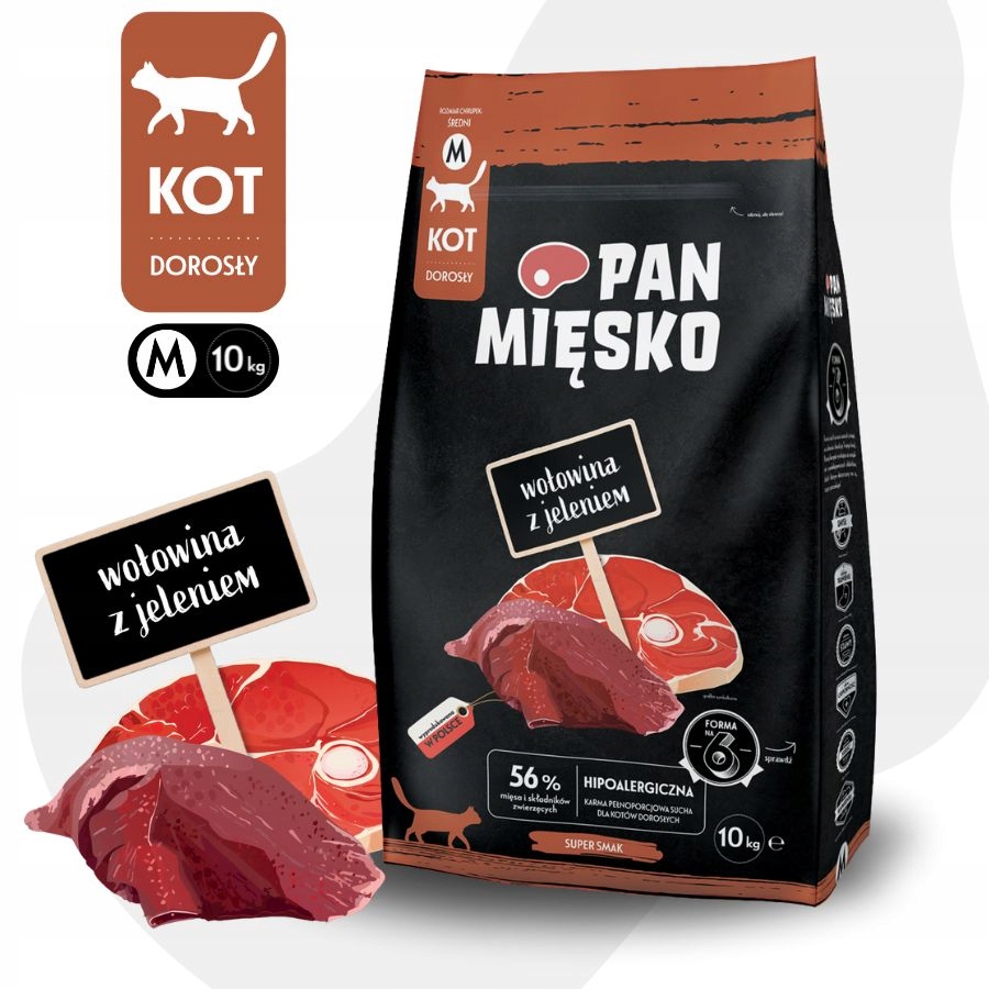 Levně Suché Krmivo pro kočky Pan Mięsko Meat Hovězí s jelenem Středně křupavé M 10 kg