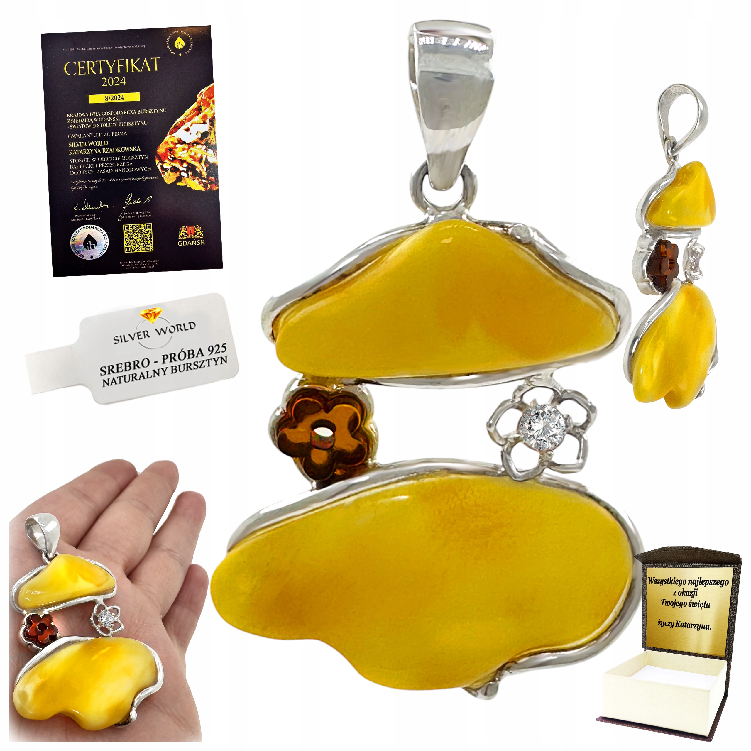 Přívěsek Stříbrný S Baltským Jantarem Mléčným A Koňakovým Gravírování WB28