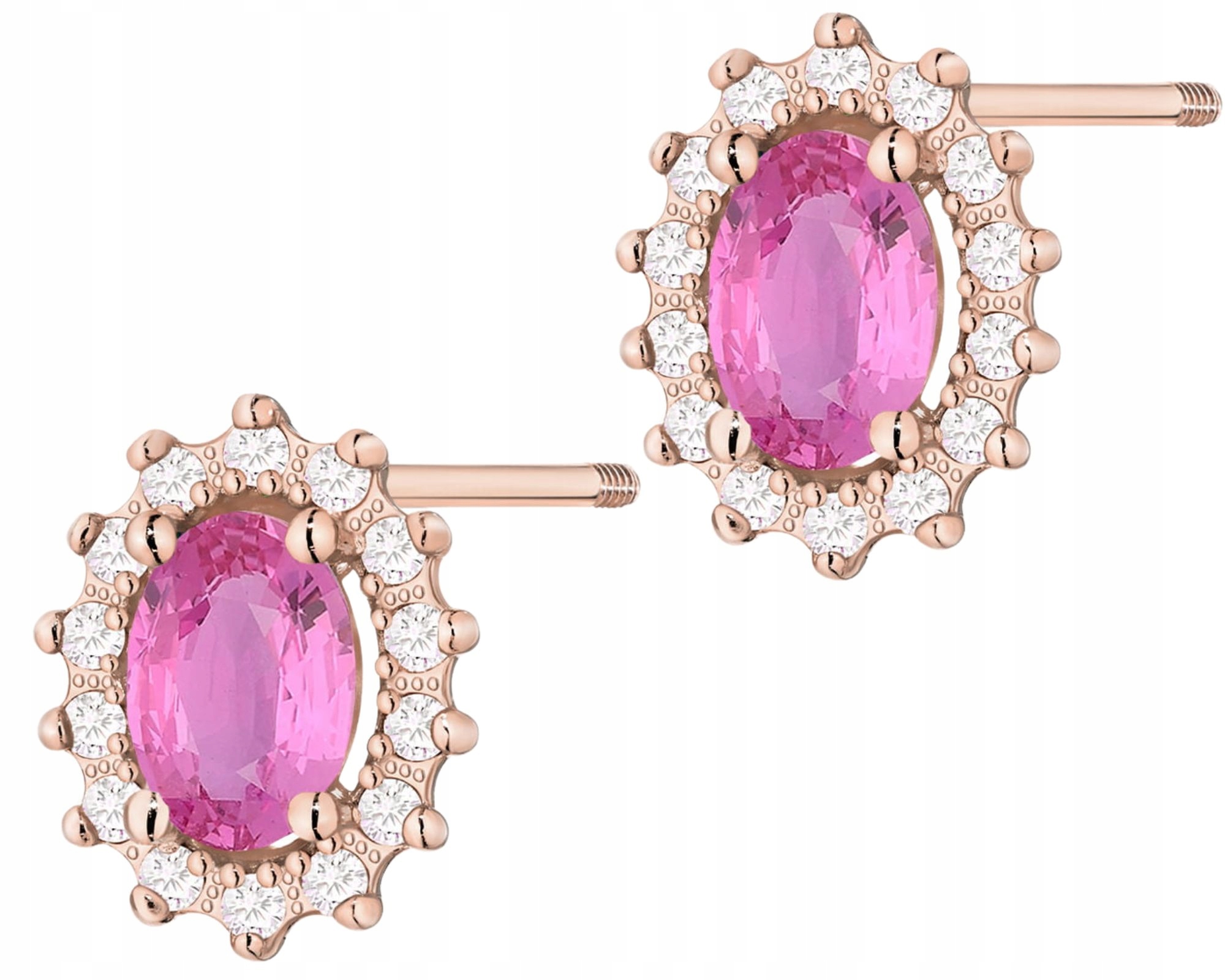 Růžové Zlato Náušnice S Růžovým Safírem A Diamanty, Šroubovací Tyčinka