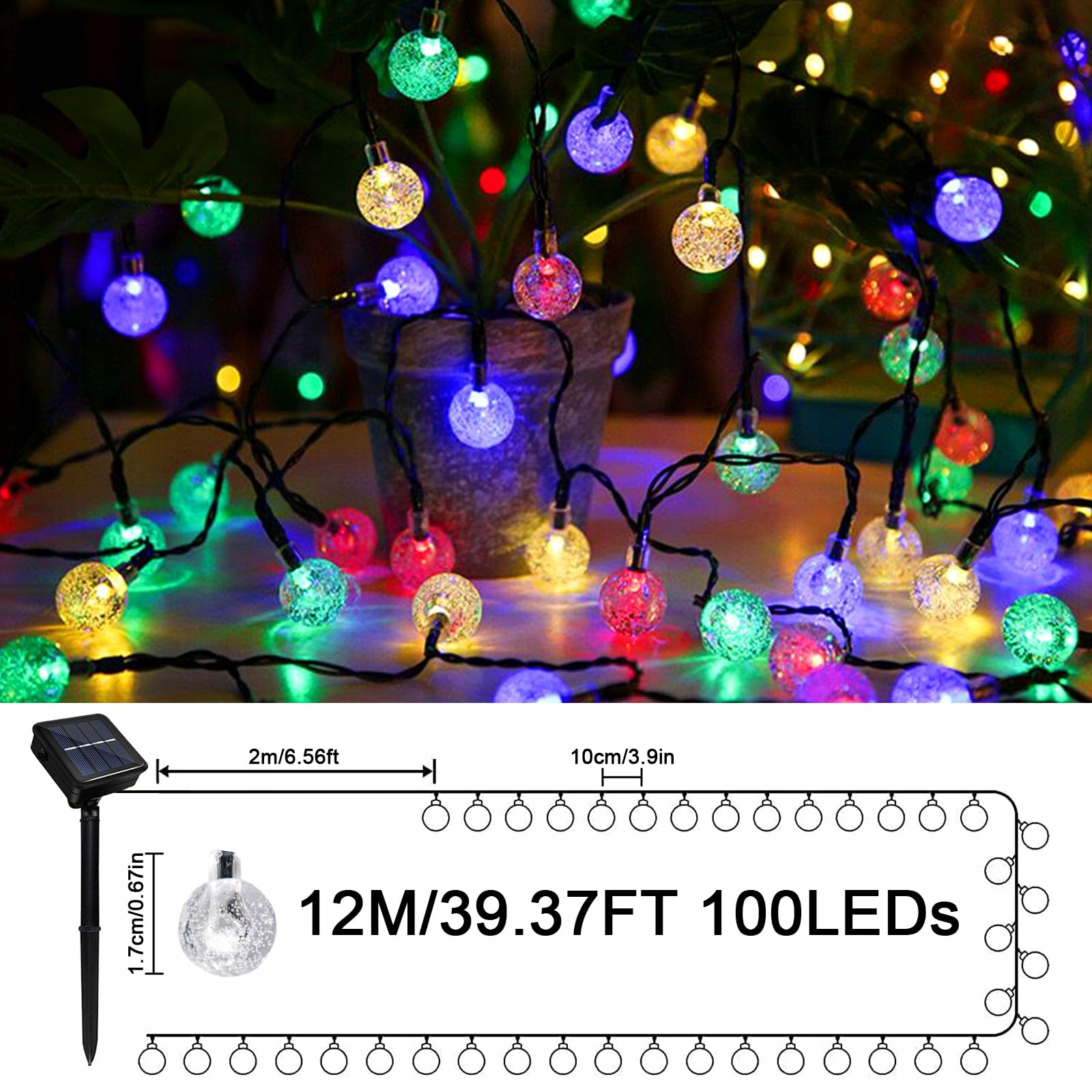 Lampki Solarne Łańcuch 100 LED 12M Wodoodporne Do Wnętrz i Na Zewnątrz — miniatura 3