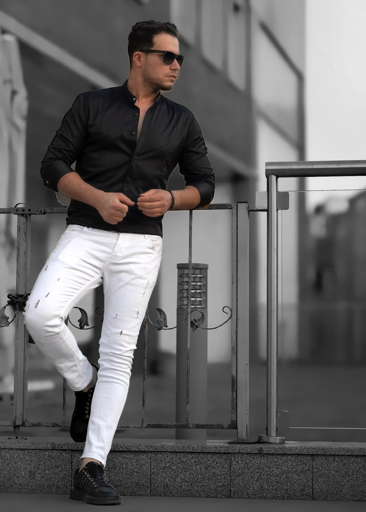 KLASYCZNA KOSZULA MĘSKA GŁADKA STÓJKA CZARNA - L Rozmiar L