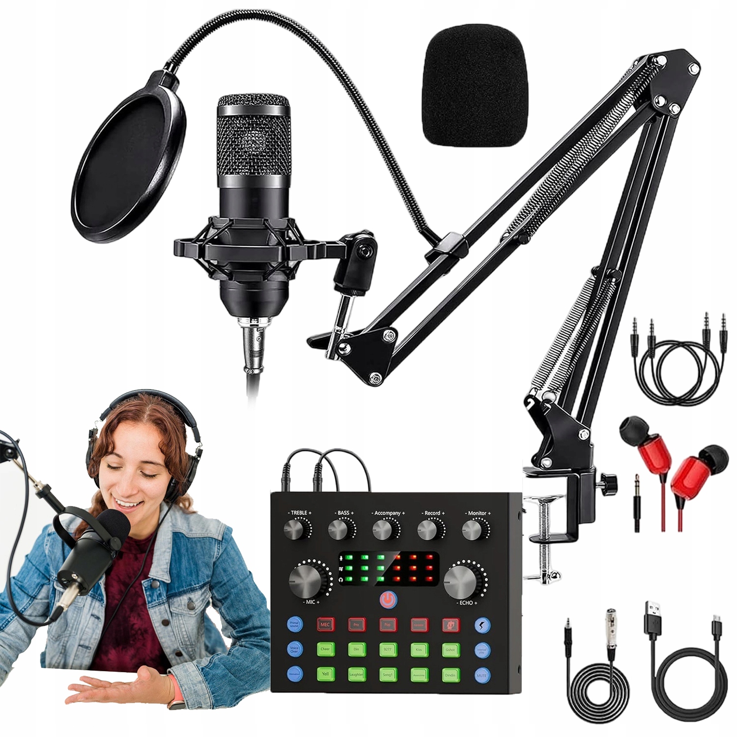 Kondenzátorový Studiový Mikrofon Zvuková Karta Mixér Stativ Sada