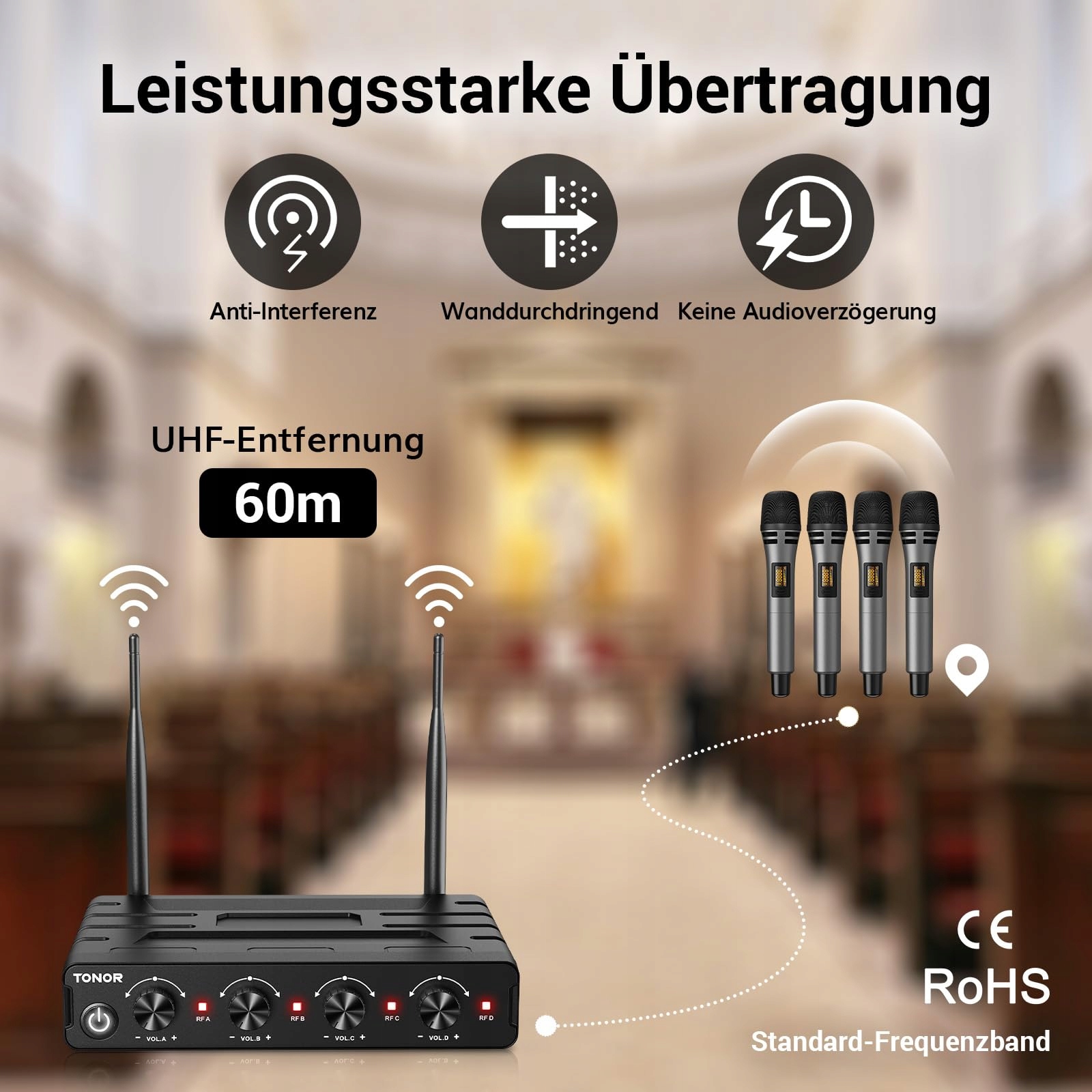 TONOR Zestaw Mikrofonów Bezprzewodowych 4x5 Kanałów 60m Karaoke Scena — miniatura 3