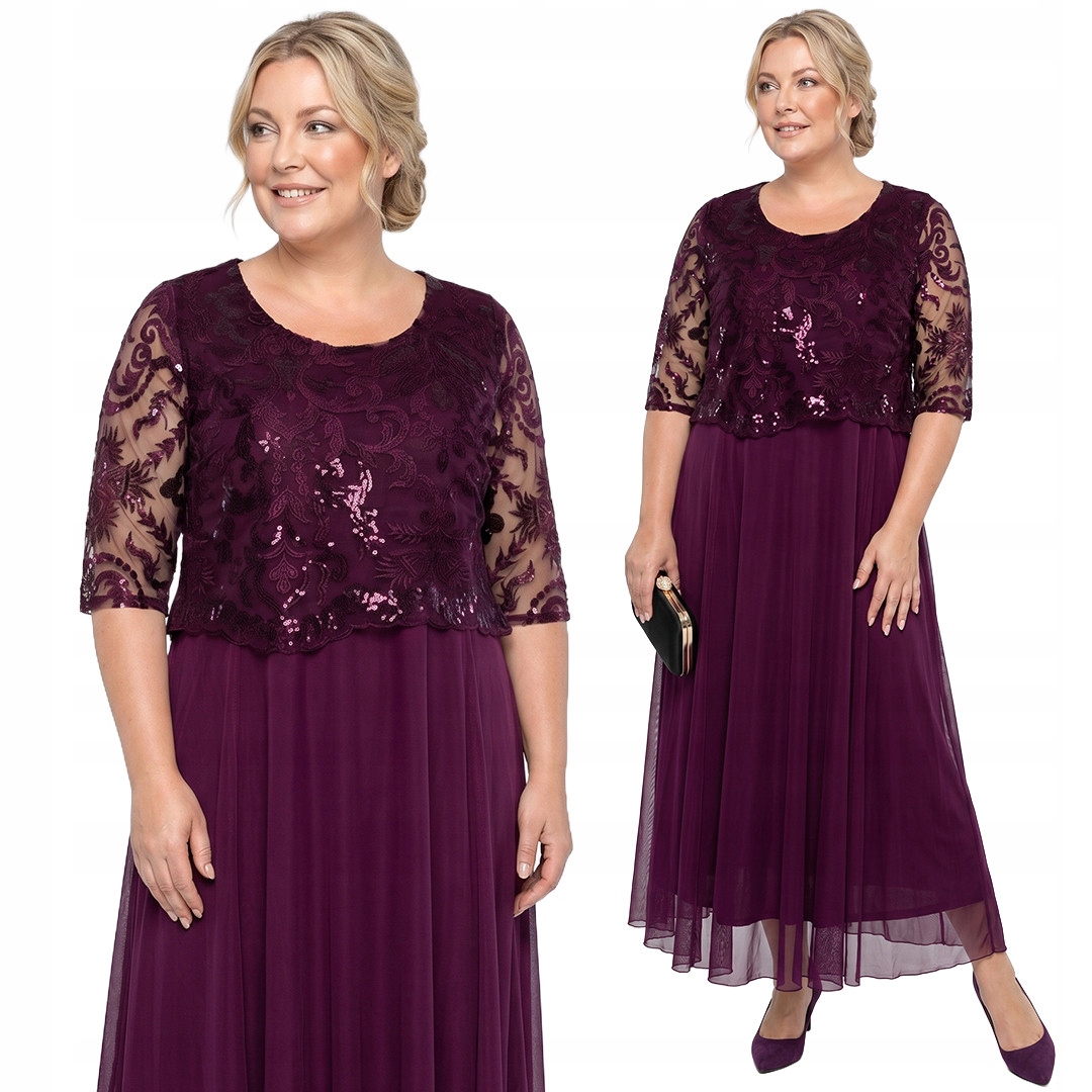 Fialová šaty s krajkou a flitry plus size velikost 62