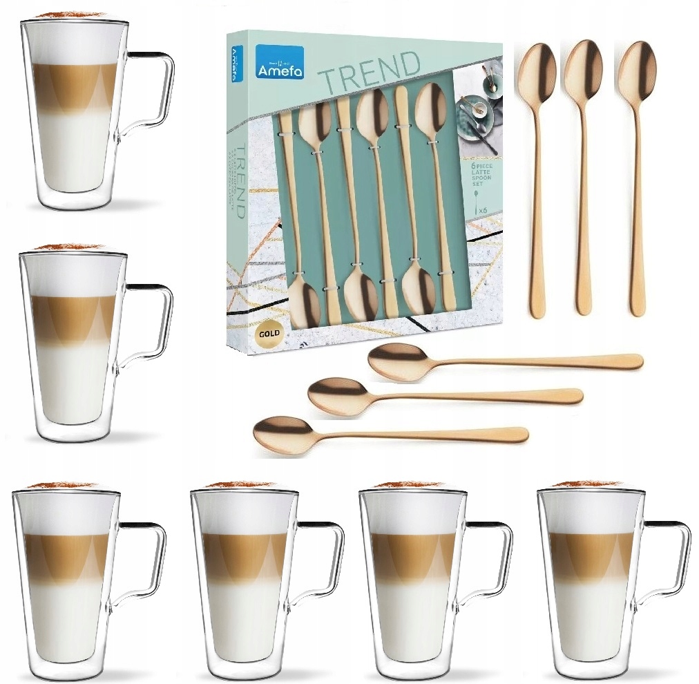

6 Szklanki Termiczne Zestaw Kawy Latte Złote Łyżki