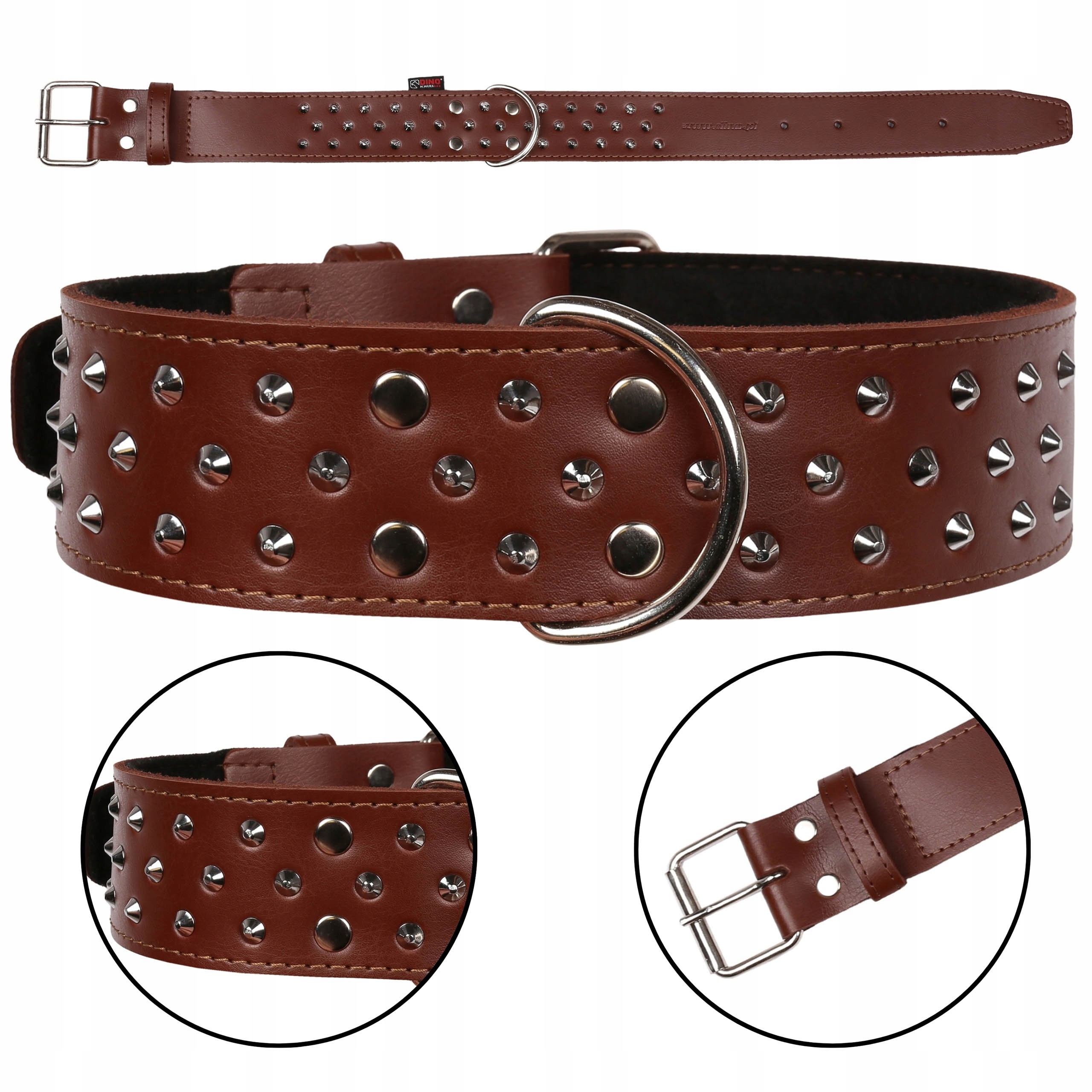 Levně Hnědý kožený obojek s cvočky, pevný obojek pro psa 50mm/60cm
