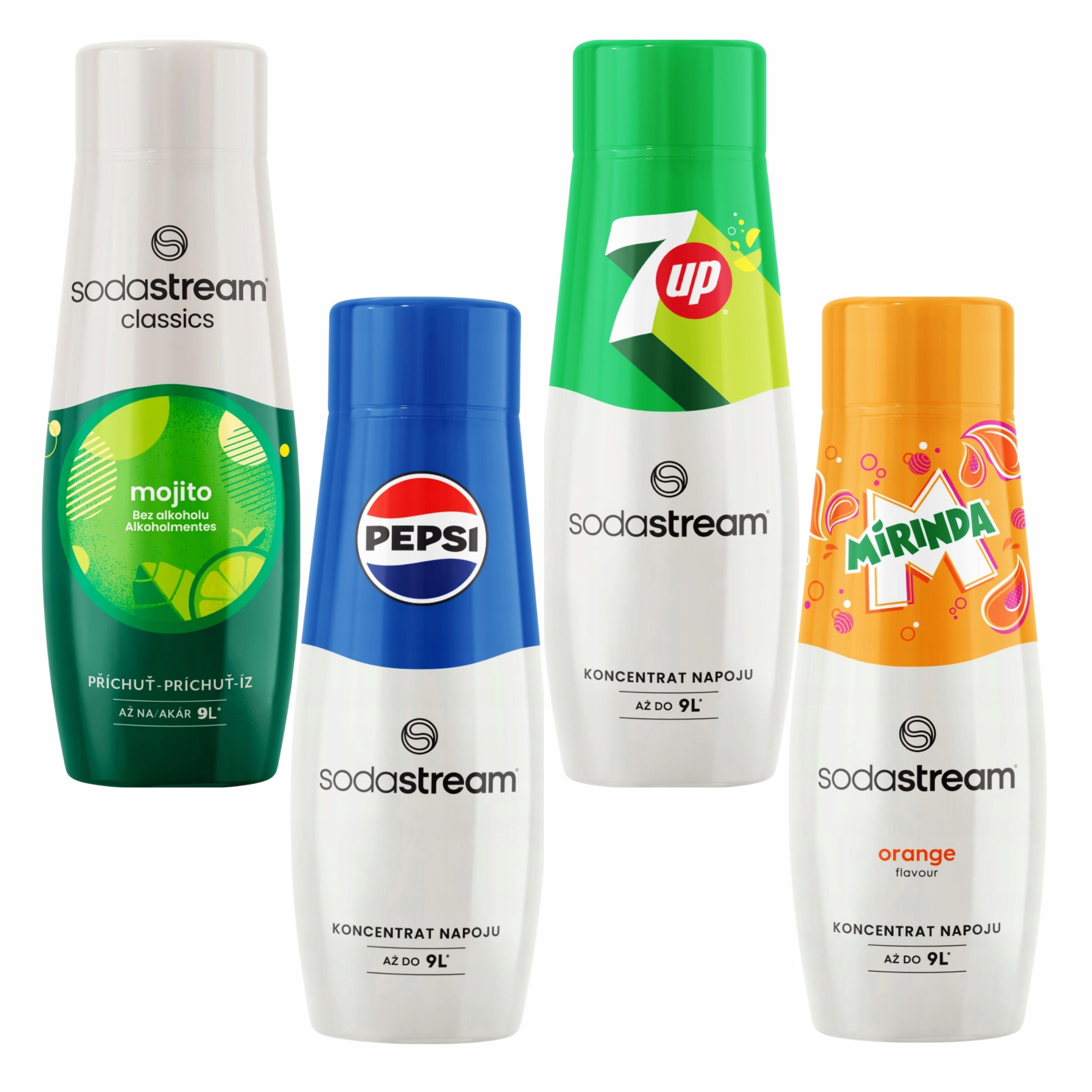Sada 4 sirupů Sodastream Mirinda Pepsi Mojito 7UP pro saturátor