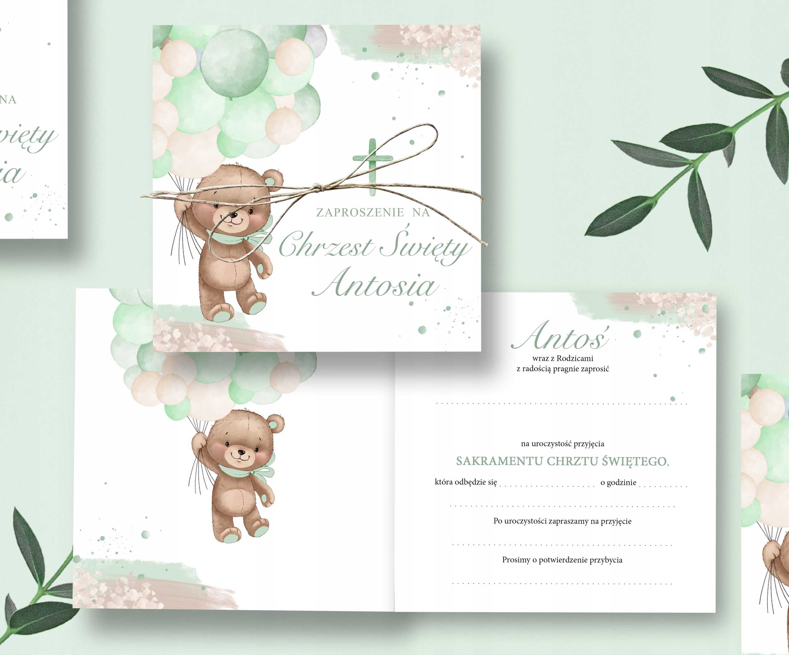 Zaproszenia na Chrzest Chrzciny zaproszenie Baby Mint Bear Imię Koperta EAN (GTIN) 5904358889032
