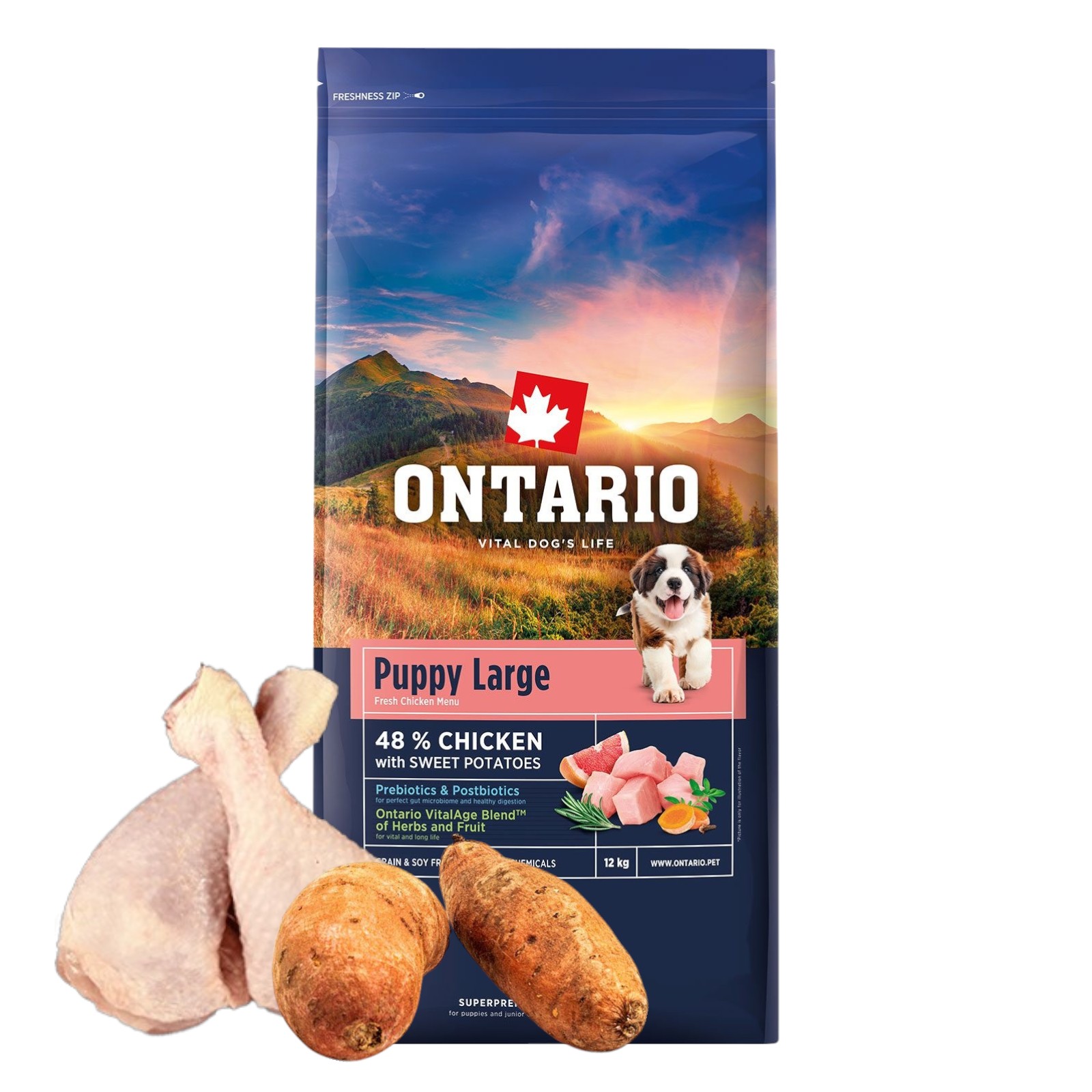 Levně Ontario 12KG Krmivo pro štěňata a mladé psy s kuřecím masem a bramborami