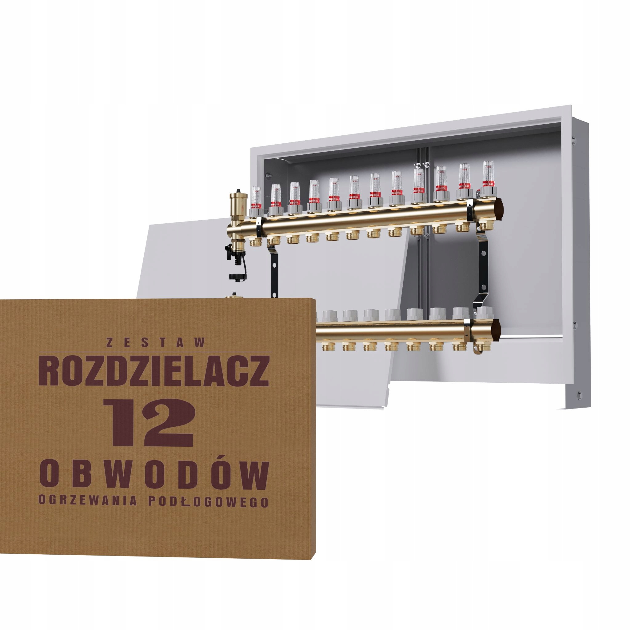 Rozdělovač pro mosaznou podlahu 12-okruhový a podomítkový box, bílý