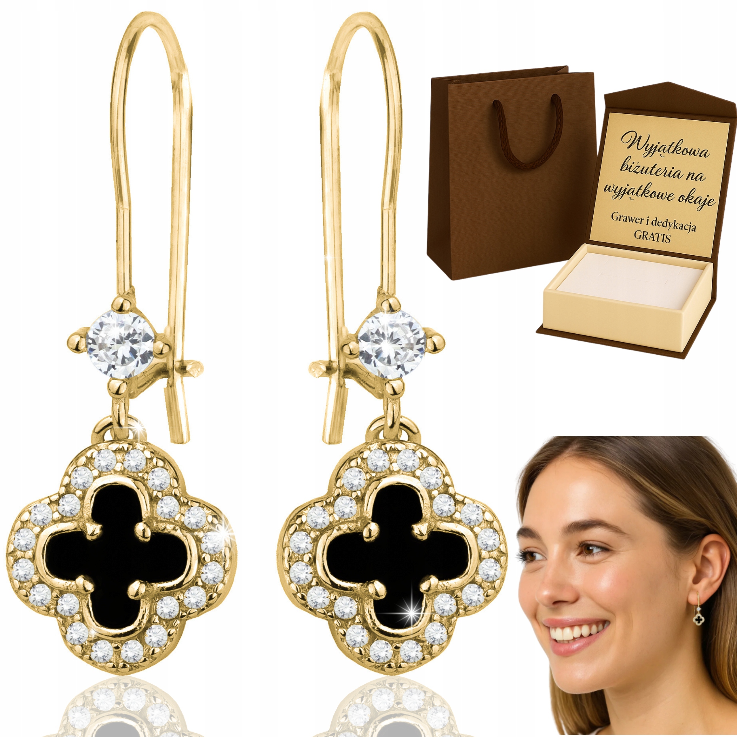 Zlaté Náušnice S Visutím Čtyřlístek A Zirkony, Černé Kameny 925/585