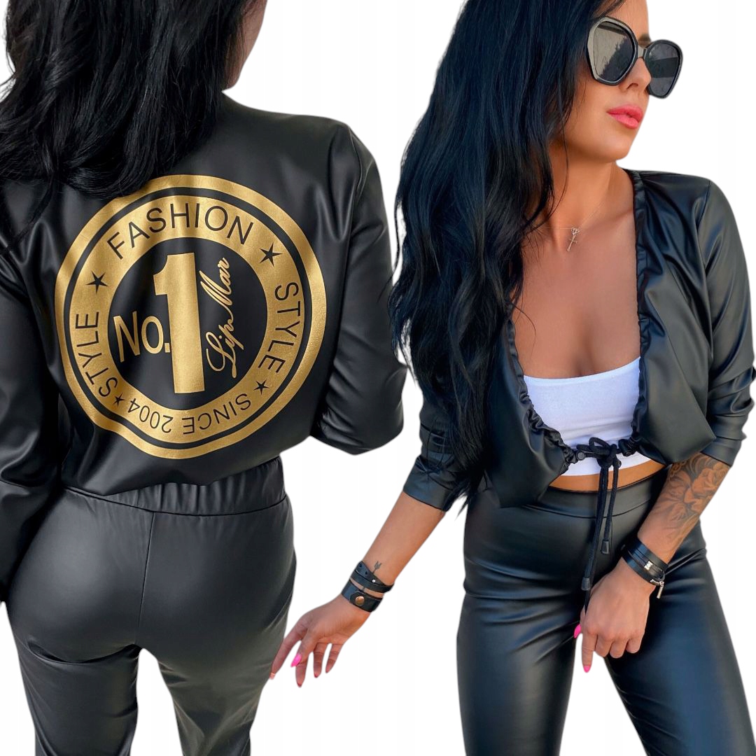 Černá dámská krátká bunda s potiskem sportovní přehoz z eko kůže L 40