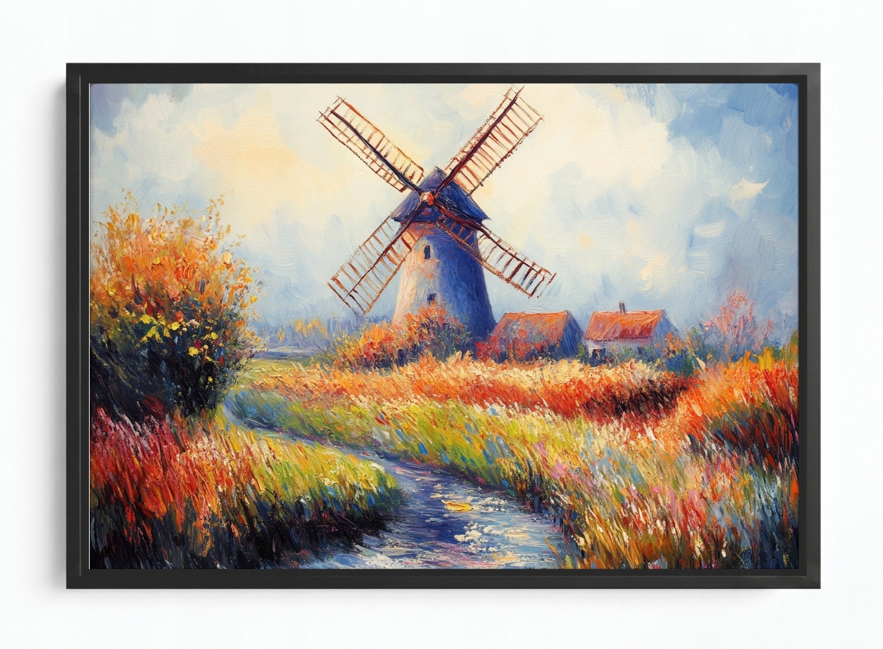 Obraz Rám Americká Krajina Vesnice Větrný Mlýn Řeka 120x80