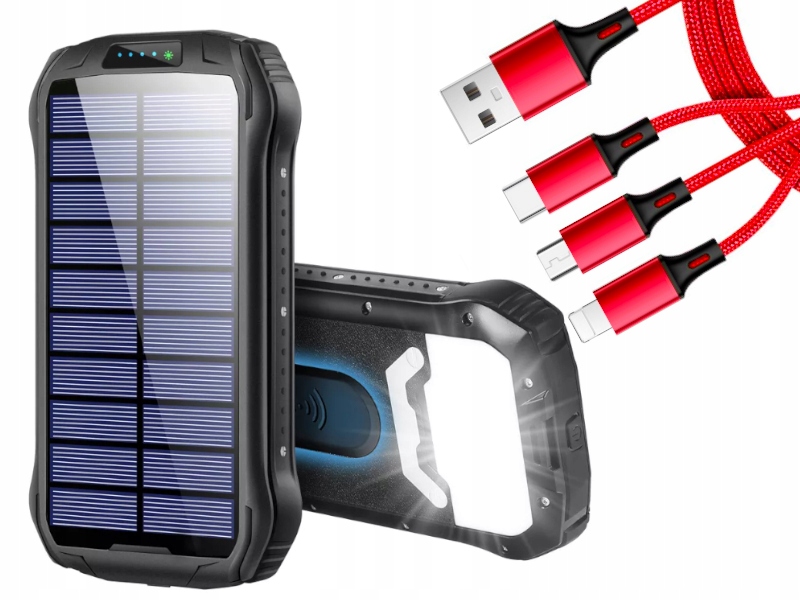 Výkonná Solární Powerbanka 33500 mAh Silný Kabel 3V1 Pro Telefon Smartphonu