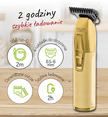 Trymer Adler AD 2836G Gold - Ceramiczne Ostrze, 4 Nakładki, USB
