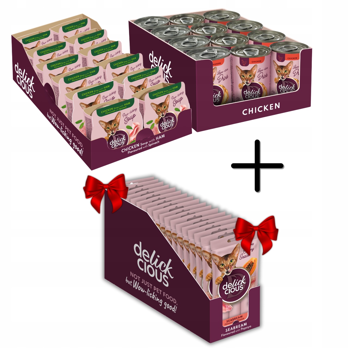 Levně Sada pro kočky 3ks Delickcious Nápoj s kuřecím masem Polévka se šunkou Pasta 2+1