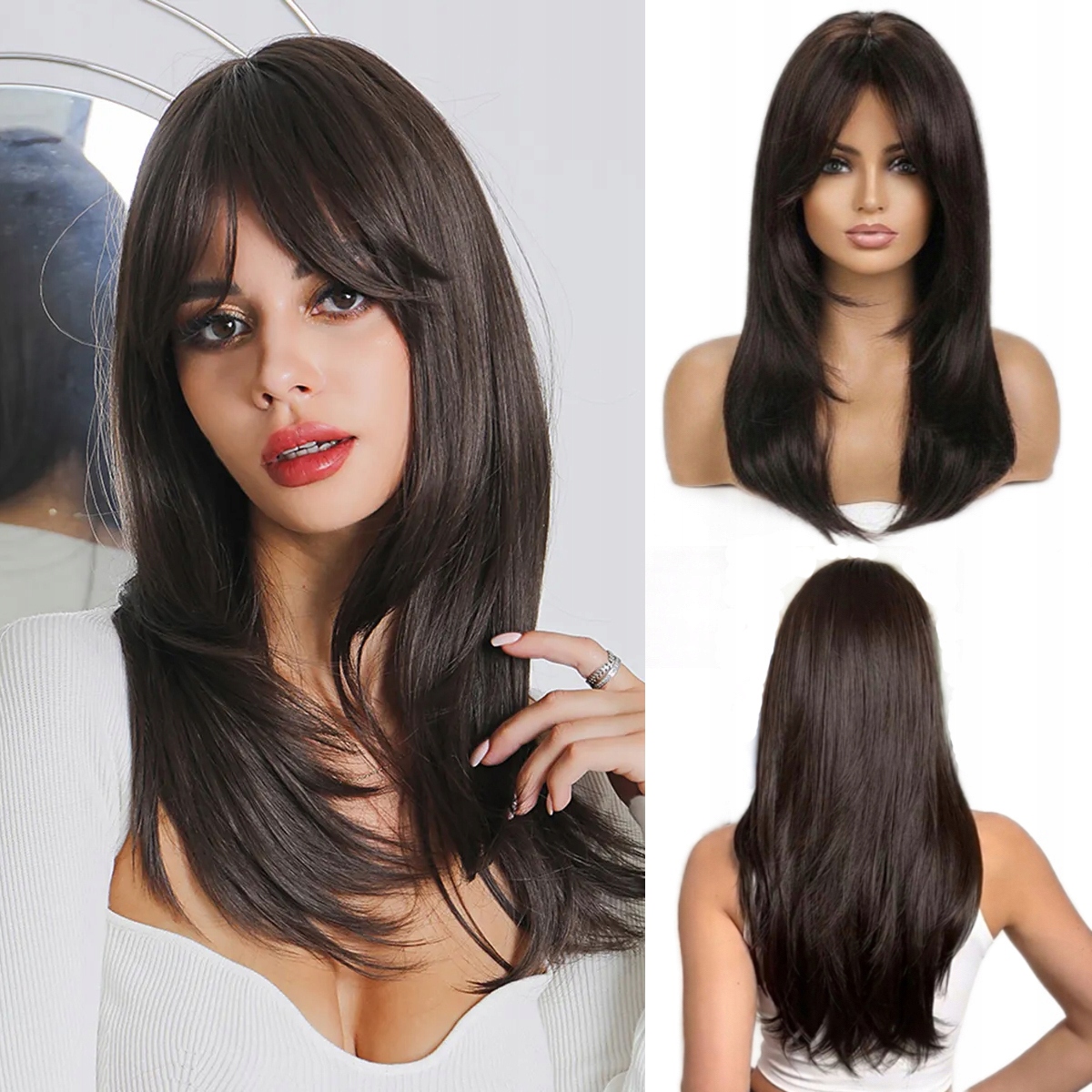 Dámská paruka Paruky Tmavě hnědá Vlasy Dlouhé 62 cm Čepice Wig