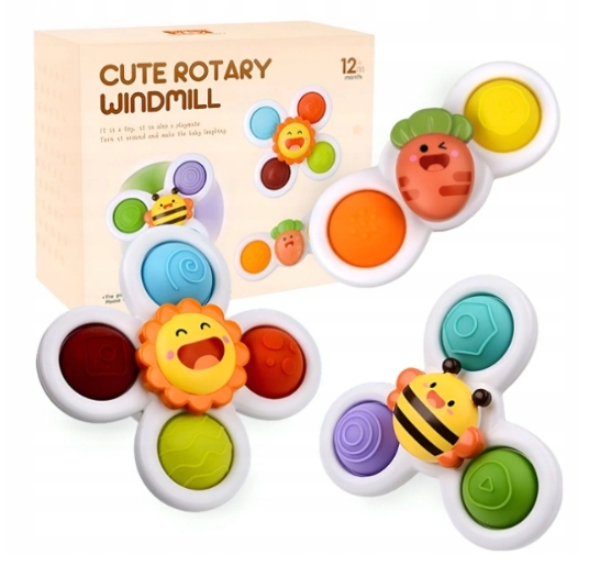 FIDGET SPINNER Z PRZYSSAWKĄ SENSORYCZNĄ KĄPIEL PREZENT GRZECHOTKA 3 SZTUKI