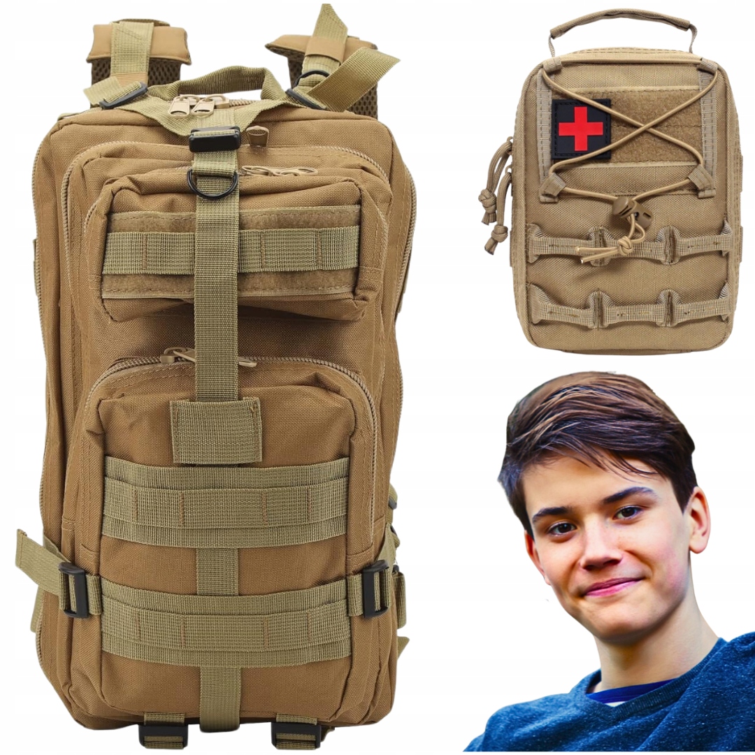 PLECAK BRĄZOWY 35L DUŻA APTECZKA ZESTAW PREZENTOWY DLA HARCERZA CHŁOPAKA Model Plecak Wojskowy Apteczka Duża
