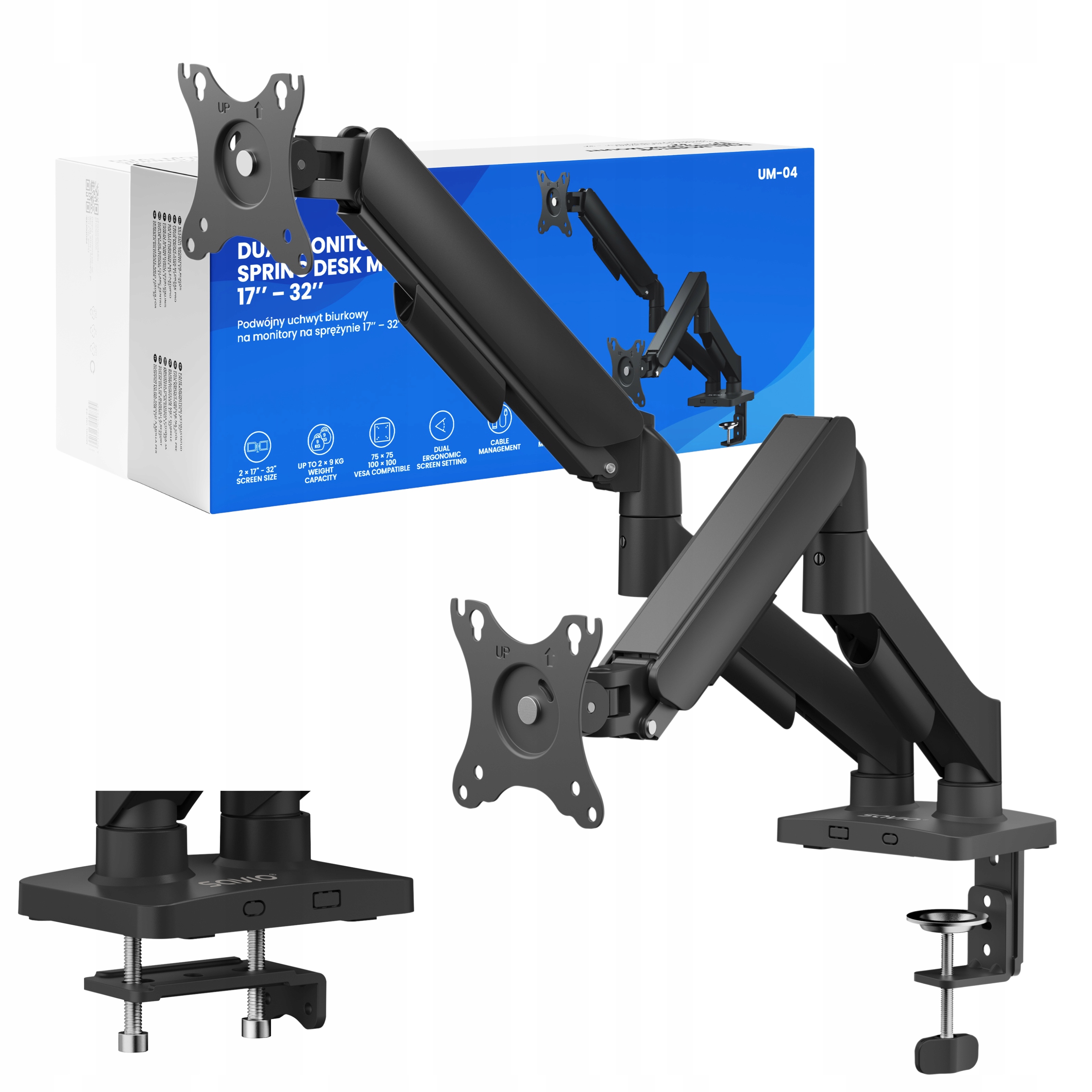 Dvojitý stolní držák pro monitor Savio UM-04 17-32 2x2-9KG na pružině