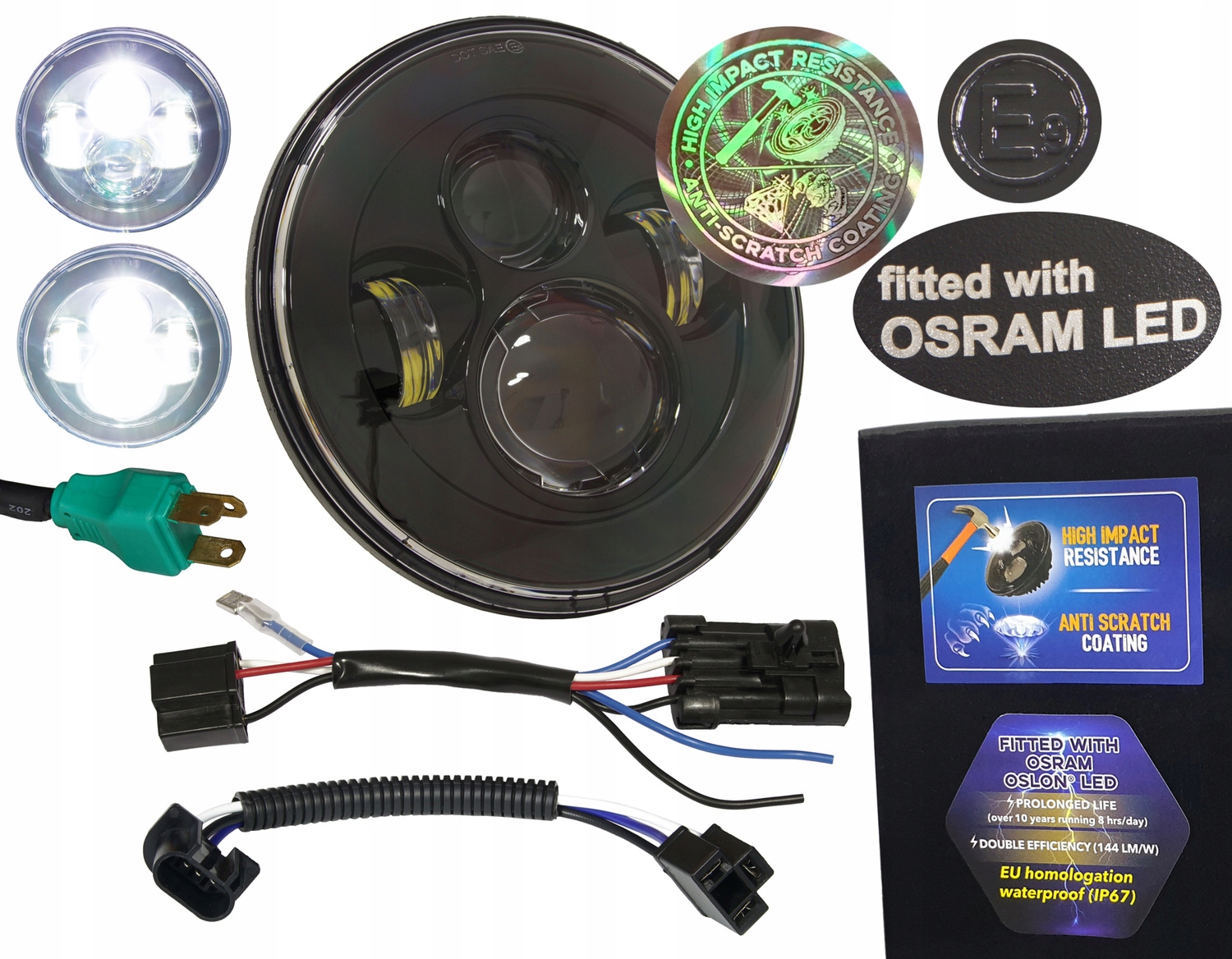 7-palcová Led lampa Osram 144 lm/W Anti-Scratch E, predná homologácia pre Harley