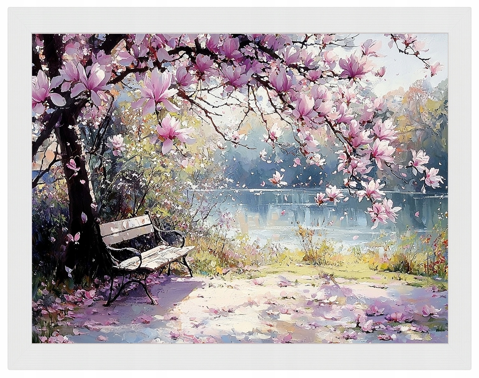 Rámeček Plakát Dřevo Krajina Park Řeka Strom Květiny Magnolie 80x60