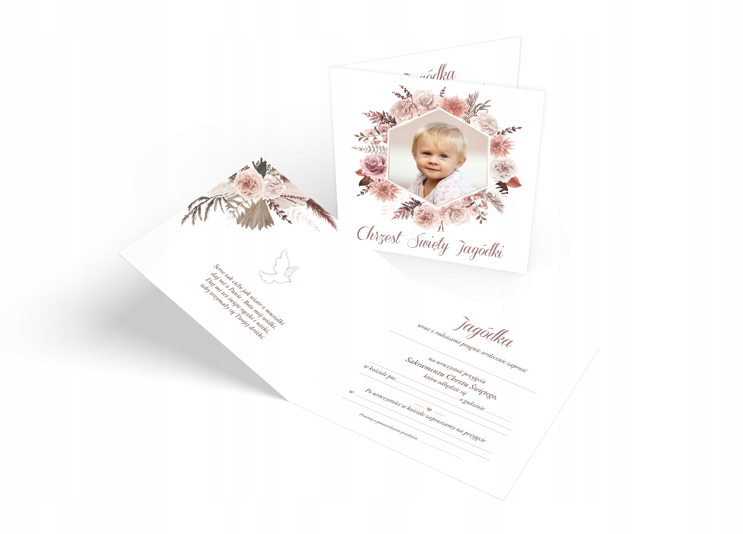 ZAPROSZENIA NA CHRZEST - ZE ZDJĘCIEM - BOHO - IMIĘ Szerokość produktu 14 cm