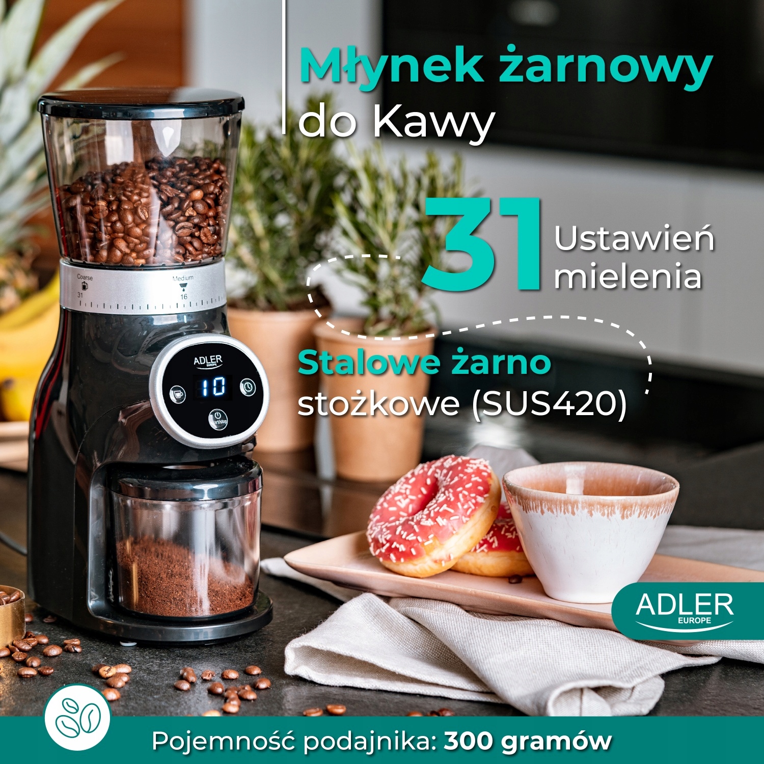 Młynek Żarnowy do Kawy AD 4450 300W 31 Ustawień Czarny/Srebrny