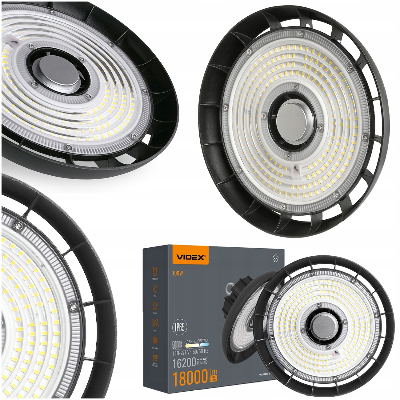 Led Lampa High Bay Průmyslové Osvětlení 100W IP65 18000 Lumenů Černá