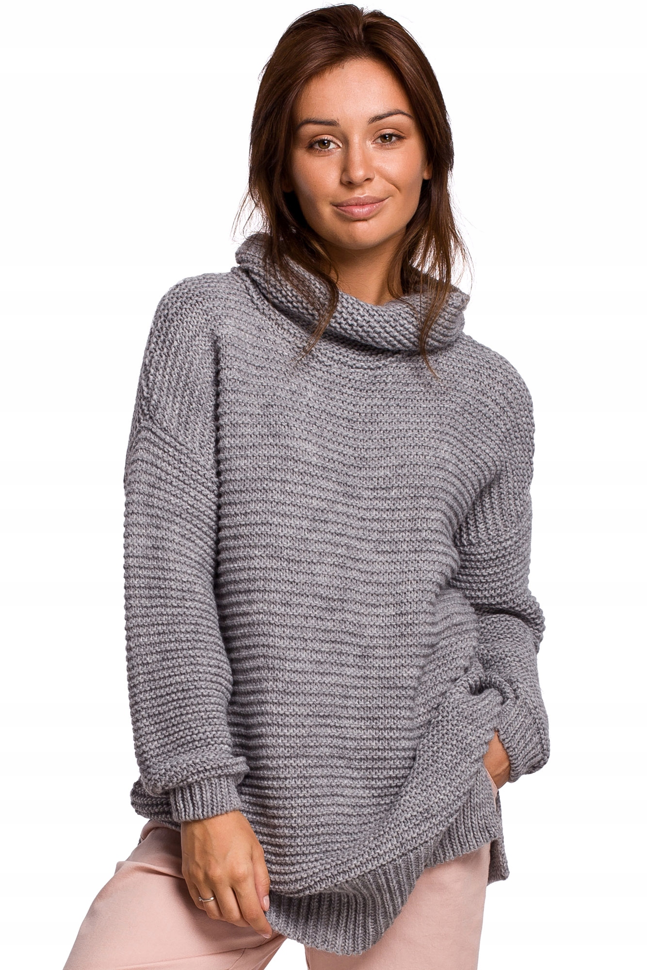 

BK047 Sweter Oversize Z Golf [uniw] Szary Be Knit