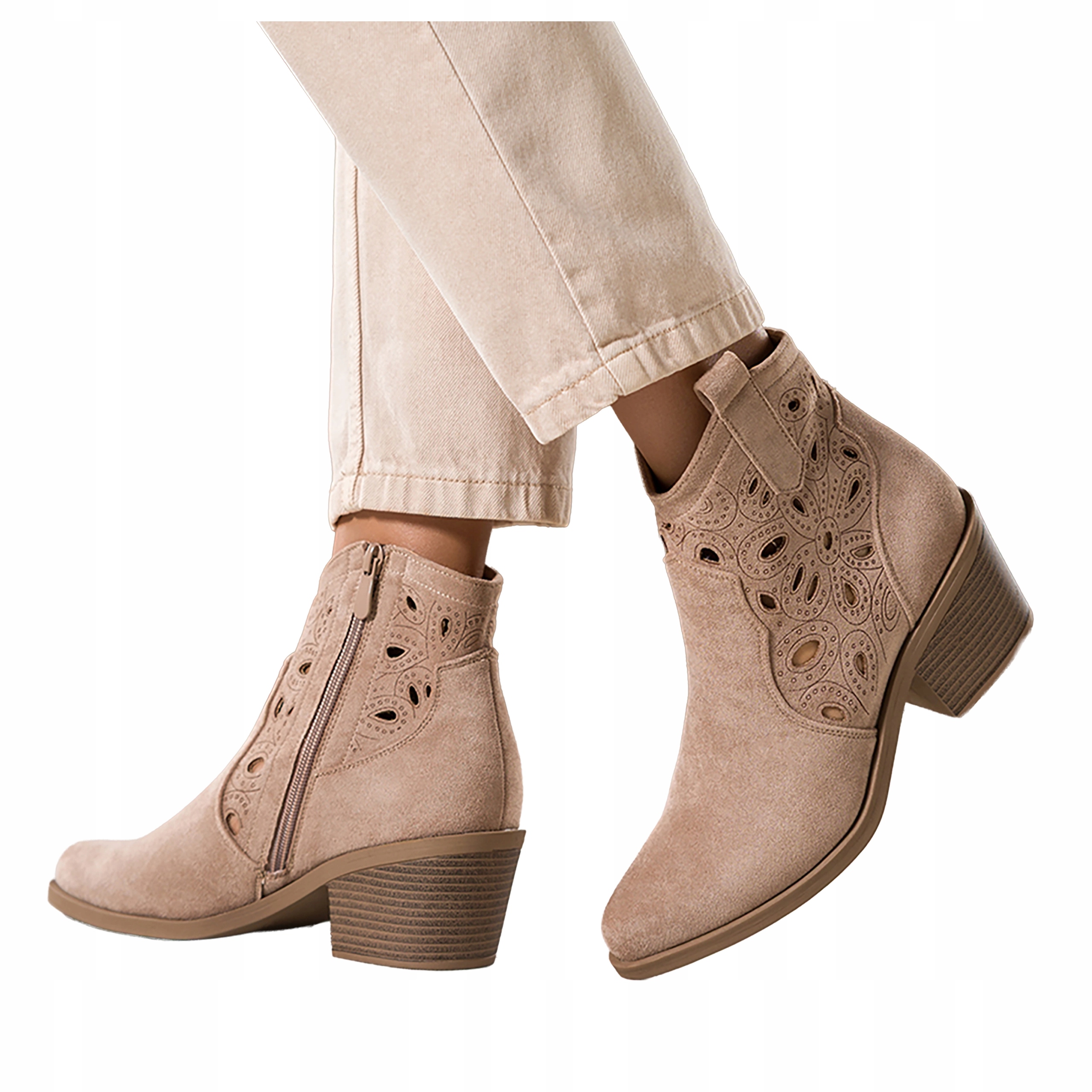 Kotníkové Boty Béžové Dámské Kovbojské Boty Ažurové Zkosené Kostky Pohodlné Módní vel. 37