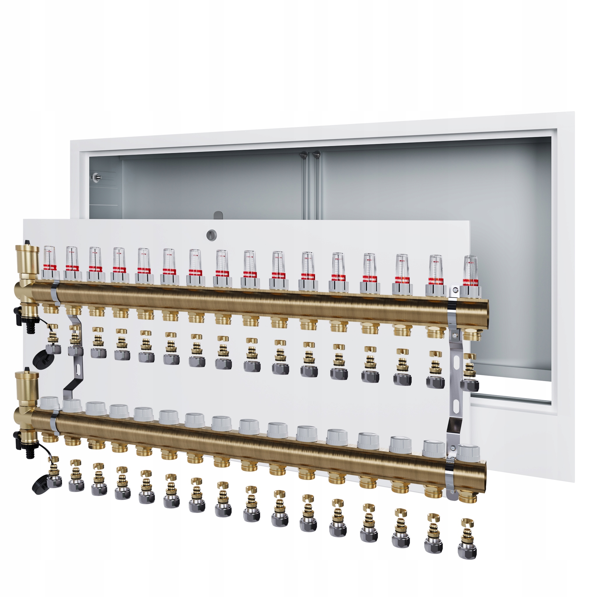 Rozdělovač pro podlahu 16 okruhů s podomítkovou schránkou a spojkou Pex
