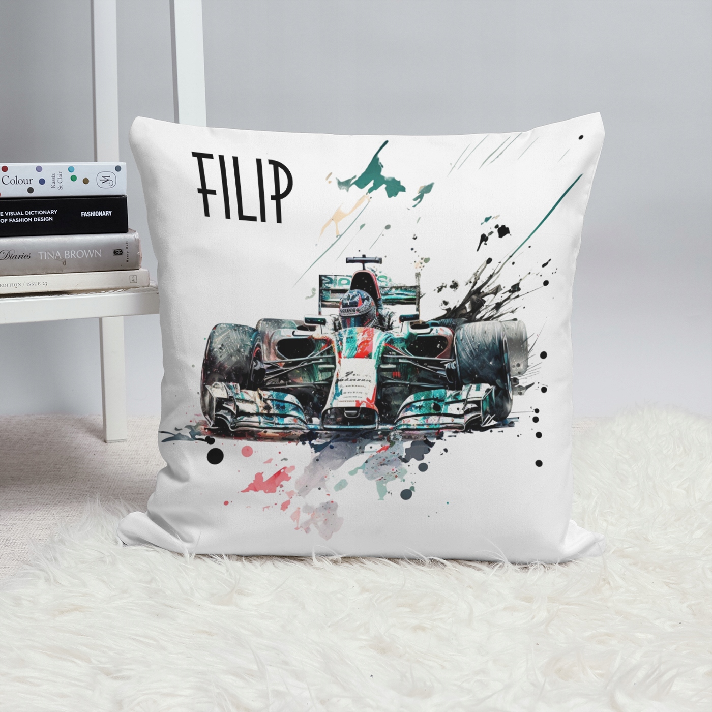 ZESTAW FORMUŁA 1 WYŚCIGI KUBEK PODUSZKA Z IMIENIEM Wysokość 38 cm