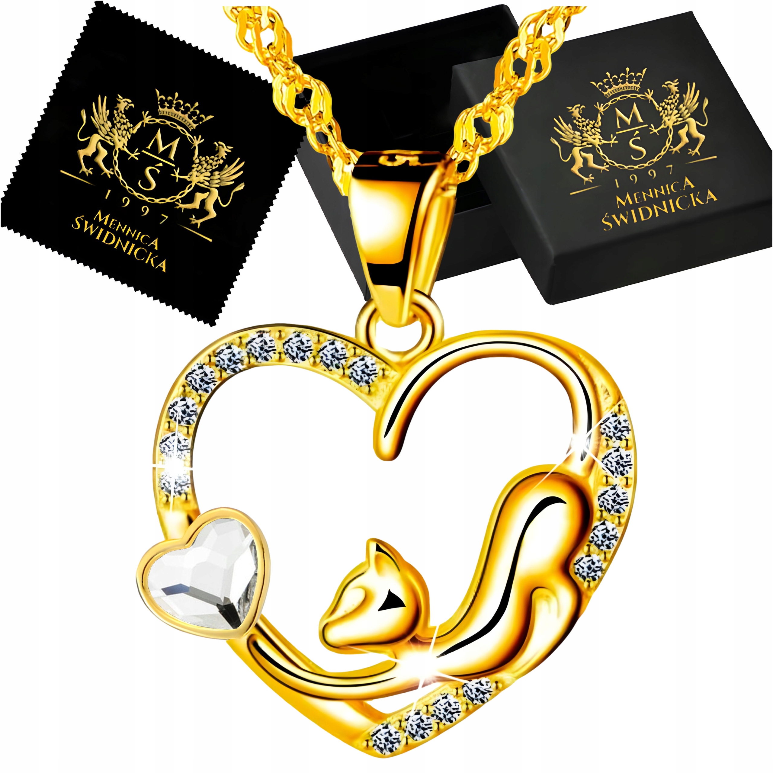 Zlatý náhrdelník Kočka v srdci zdobený zirkony Stříbro 925 Stylový Dárek