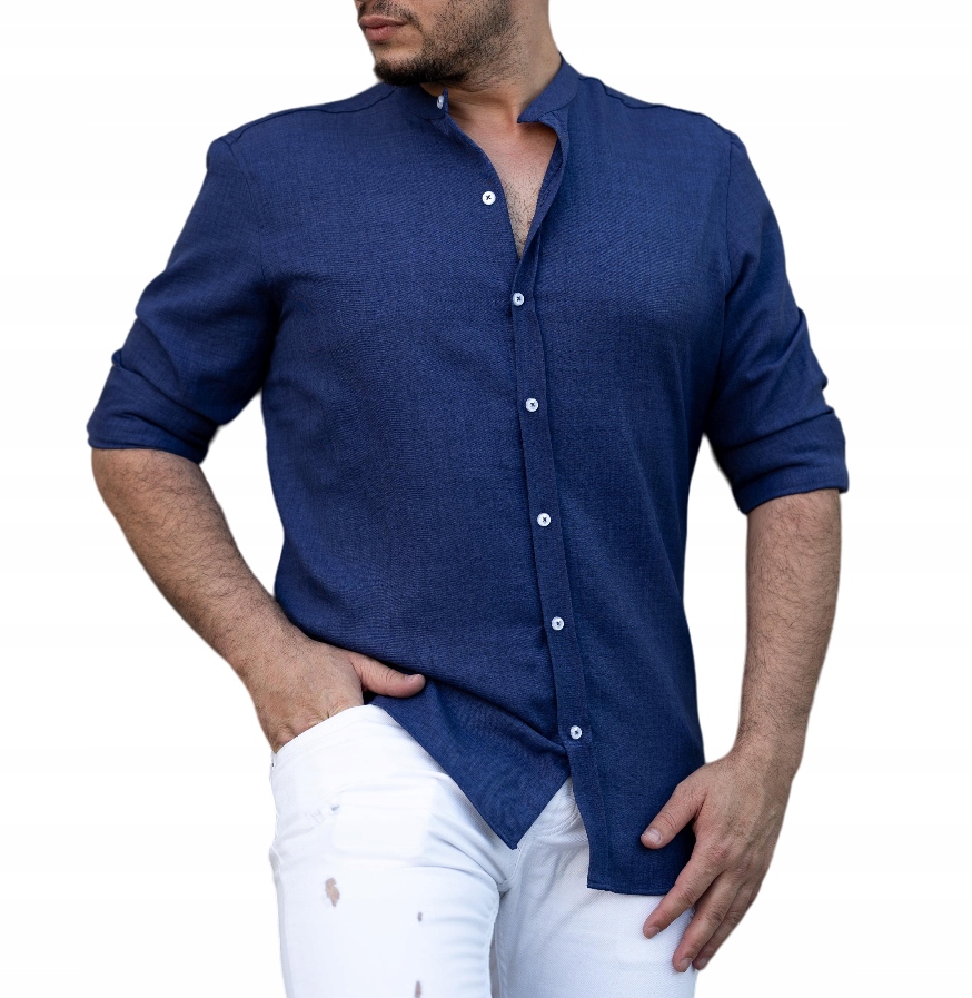 Pánská Bavlněná Košile S Volným Ležérním Stojáčkem, Modrá XXL