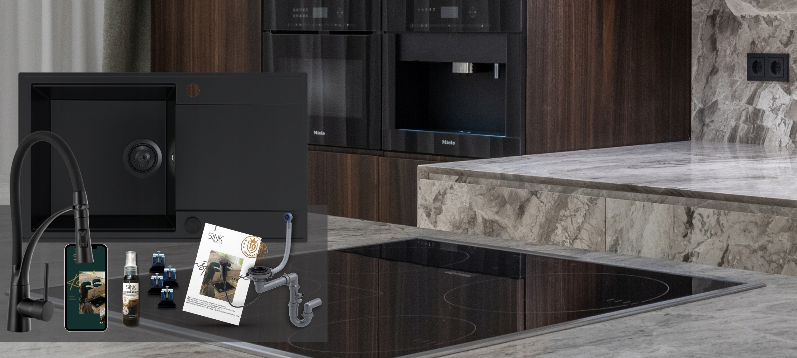 ZLEWOZMYWAK jednokomorowy GRANITOWY czarny bateria dlugi ociekacz SYFON 9w1 Liczba komór jednokomorowy