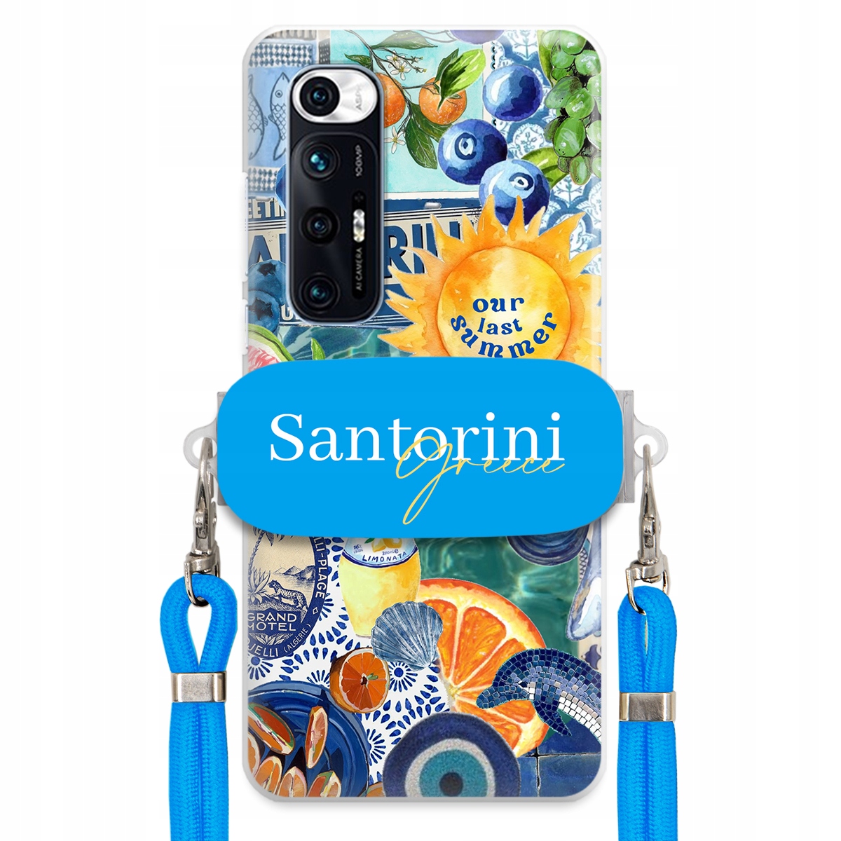 Pouzdro pro Xiaomi Mi 10s Modré Crossbody vodítko držák Santorini Greece