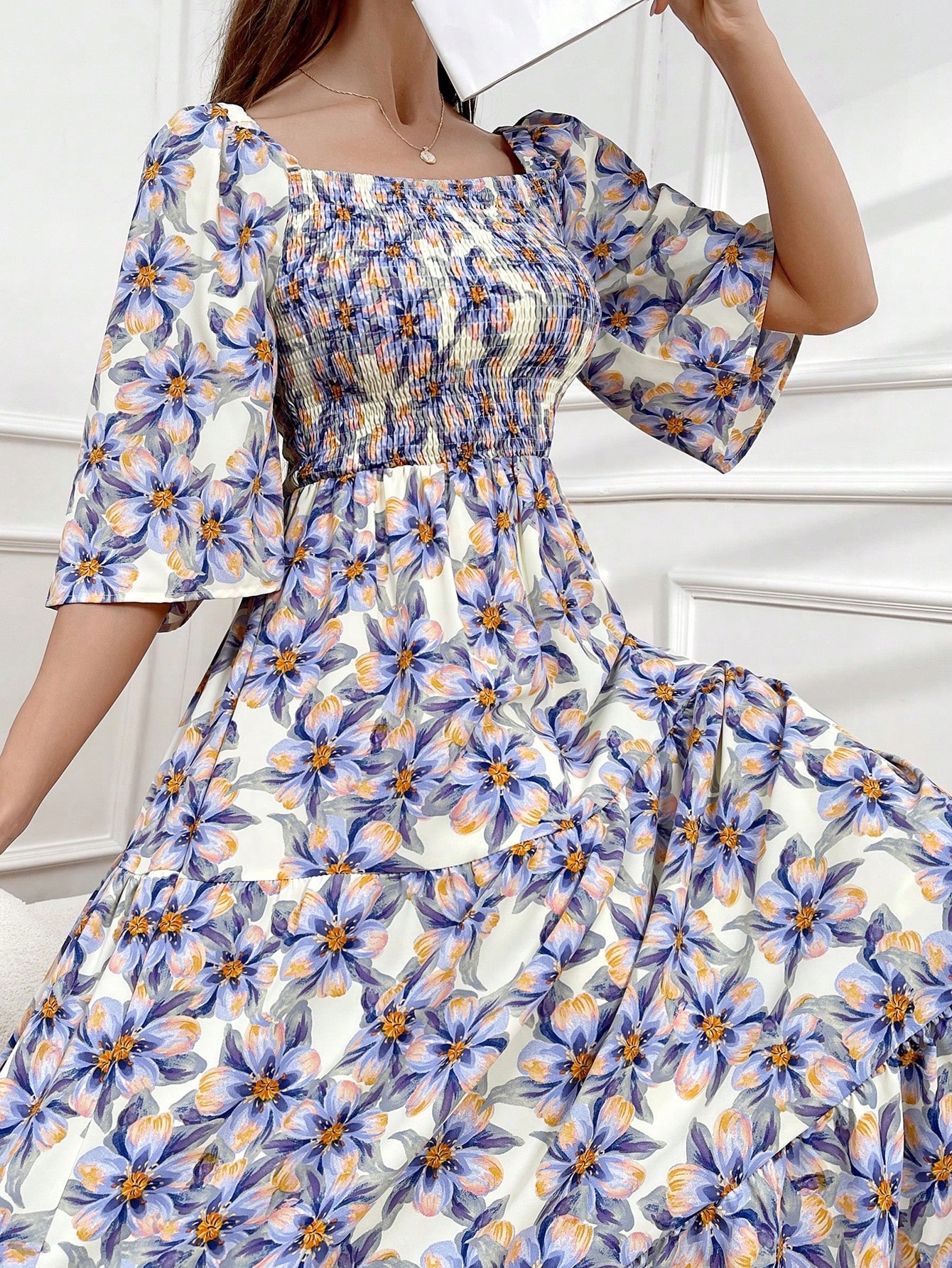 Šaty Maxi Boho S Květinovým Vzorem, Elastický Výstřih Shein, Velikost 40