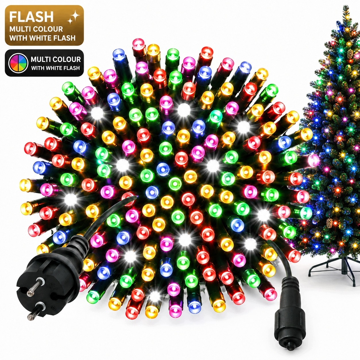 Vánoční Osvětlení Na Stromeček 1000 Led 70M Multikolor Bílý Flash IP44 Zelený Kabel