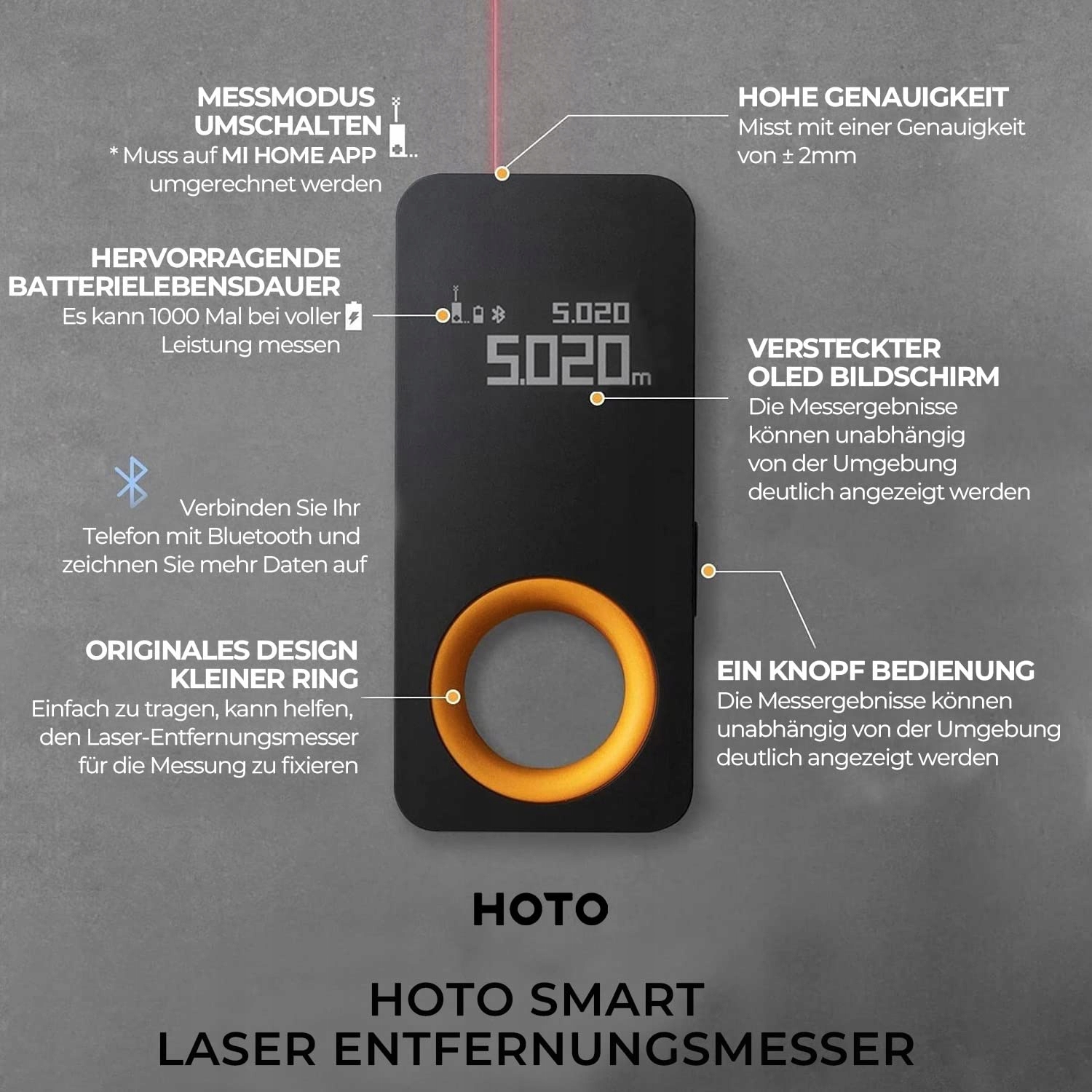 HOTO Laserowy Dalmierz 30m Bluetooth OLED USB-C — miniatura 3