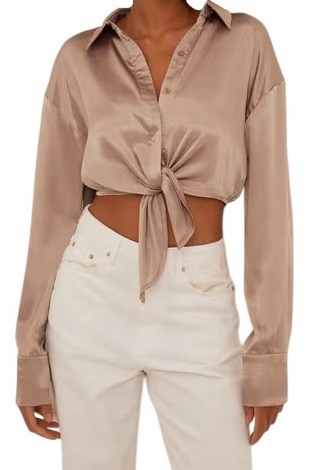 Na-kd Saténová Halenka S Vázáním Na Přední Straně Knoflíky Barva Taupe vel. 34