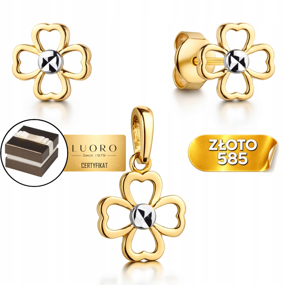 Zlatý Komplet 585 14K Náušnice Přívěsek Čtyřlístek Žluté Bílé Zlato