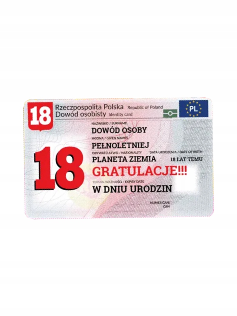 ŚMIESZNA KARTKA Z DOWODEM Prezent na 18 urodziny Stan opakowania oryginalne