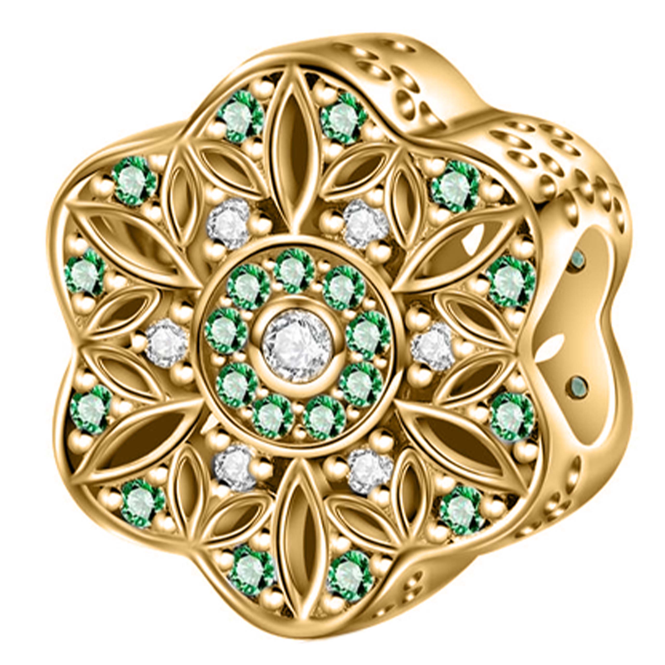 Zlatý Charms Květina Slunečnice Zelené Zirkony Krystaly Stříbro 925