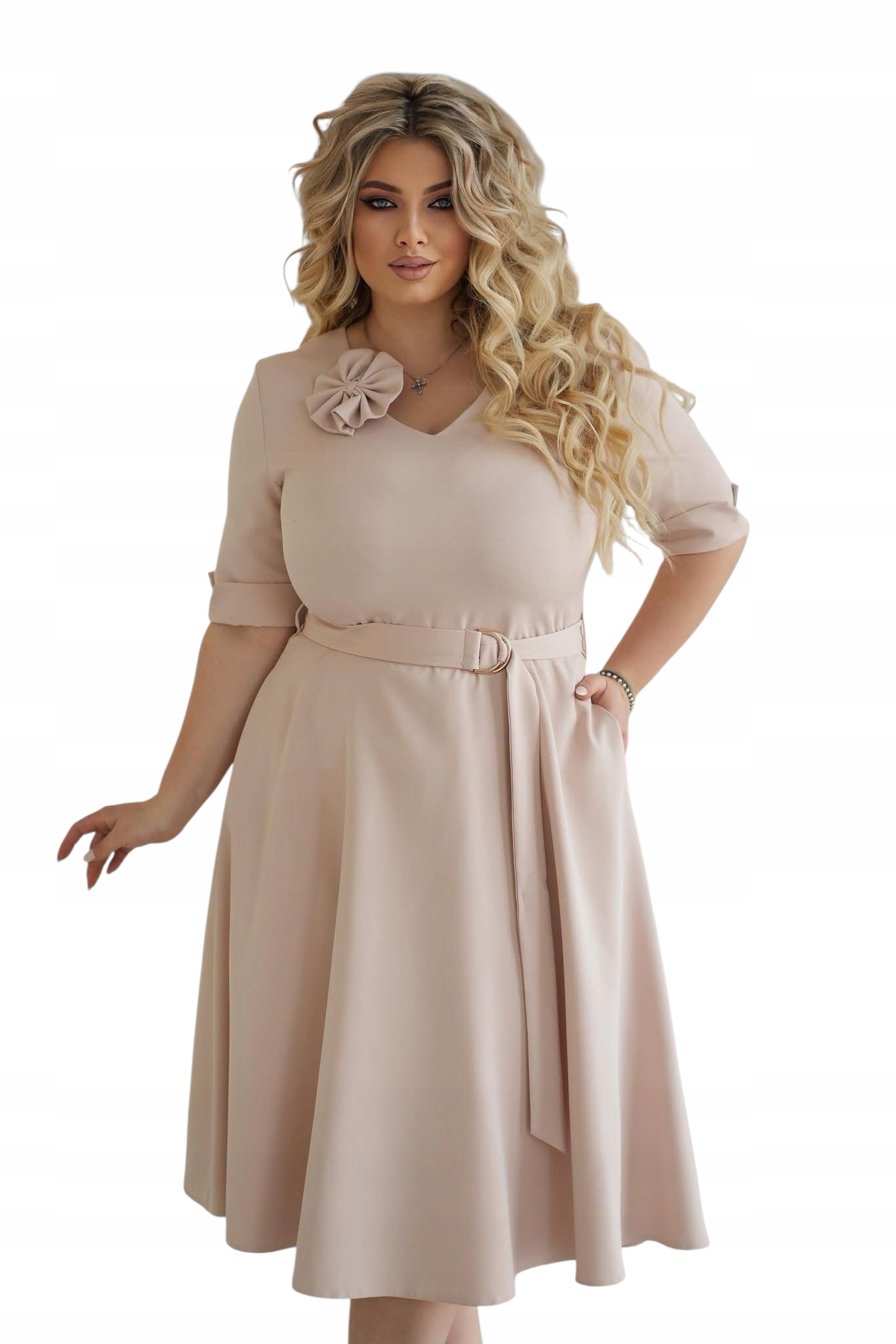 sukienka z paskiem 7/8, Plus Size, beżowa, rozmiar 44