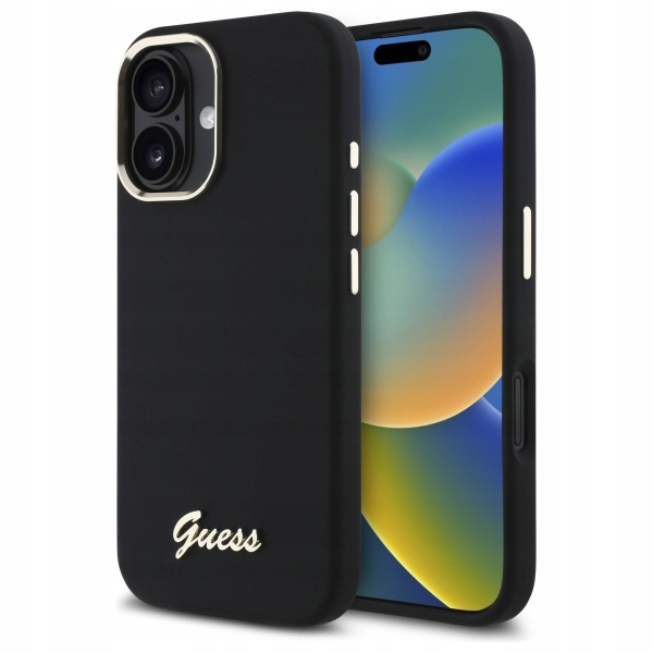 Pouzdro Guess pro iPhone 16 6.1" černé Silicone Script Metal Logo & Frame